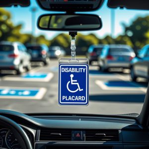 Handicap parking placard visible in a car from rear-view mirror