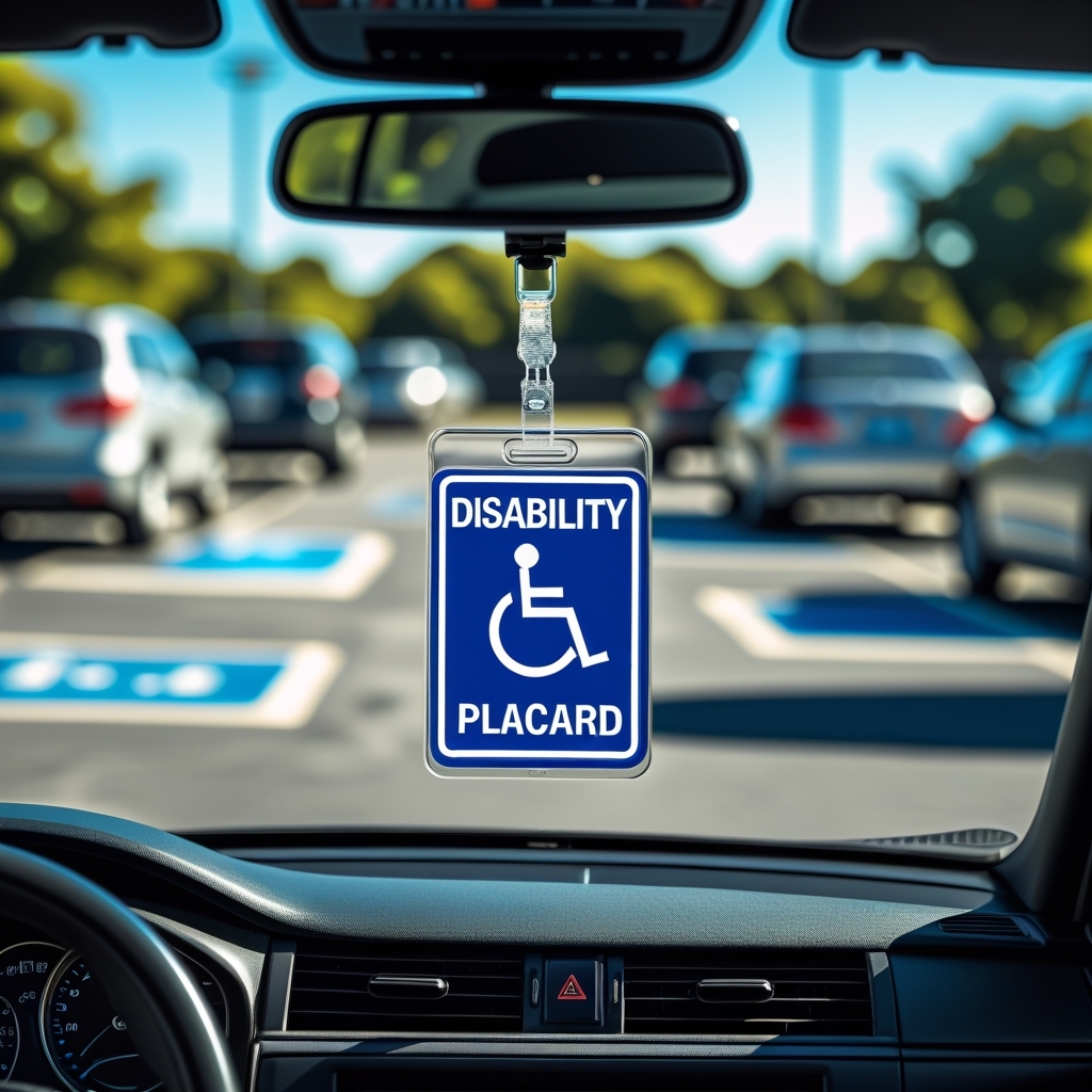 Handicap parking placard visible in a car from rear-view mirror