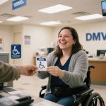 Woman in wheelchair receiving her DMV handicap placard happily