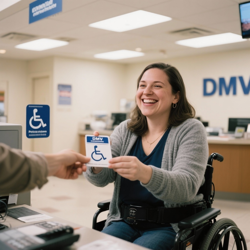 Woman in wheelchair receiving her DMV handicap placard happily