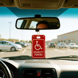 red handicap placard visible in a car